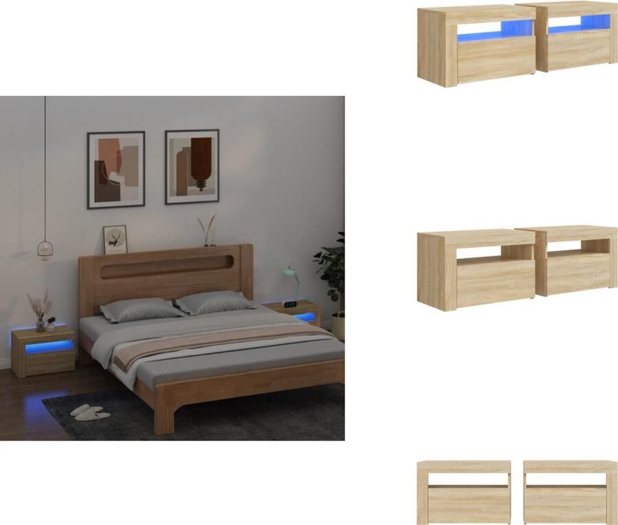 VidaXL Nachtkastje Nachtkastjes Houten Nachtkastje Slaapkamerkast Nachtkastjes 2 st met LED-verlichting 60x35x40 cm sonoma eiken