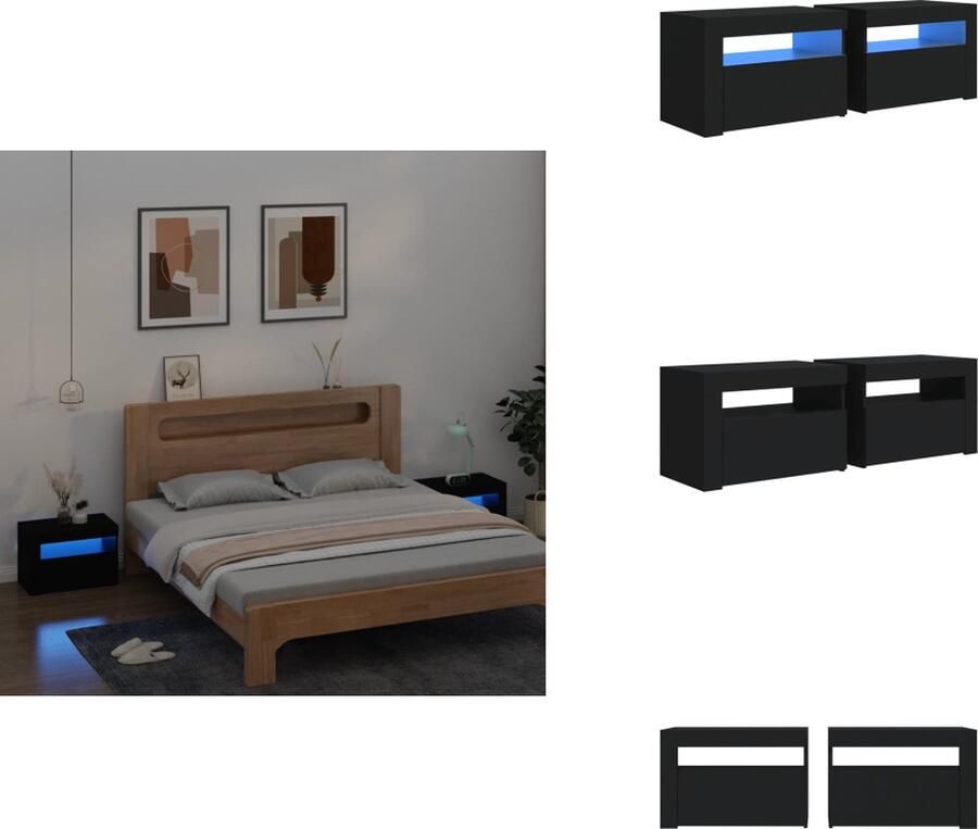 VidaXL Nachtkastje Nachtkastjes Houten Nachtkastje Slaapkamerkast Nachtkastjes 2 st met LED-verlichting 60x35x40 cm zwart