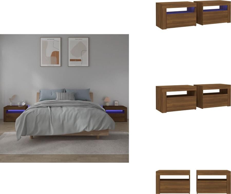 VidaXL Nachtkastje Nachtkastjes Houten Nachtkastje Slaapkamerkast Nachtkastjes 2 st met LED-verlichting 60x35x40 cm bruineiken - Foto 2