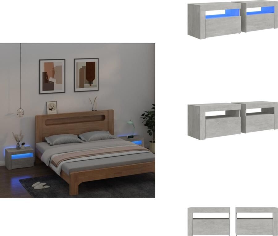 VidaXL Nachtkastje Nachtkastjes Houten Nachtkastje Slaapkamerkast Nachtkastjes 2 st met LED-verlichting 60x35x40 cm betongrijs