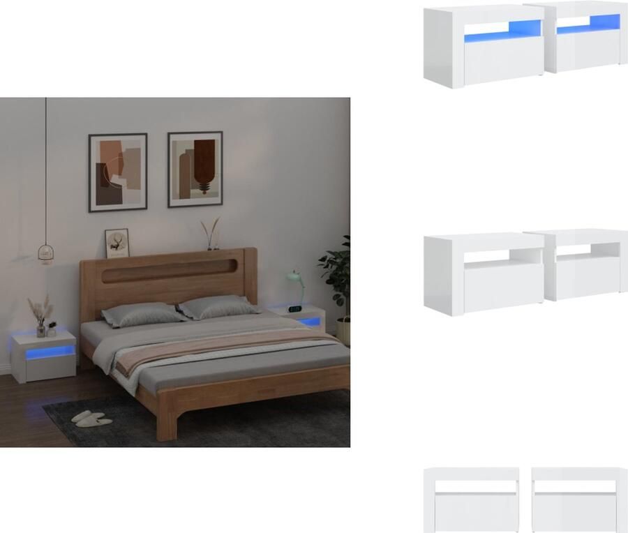 VidaXL Nachtkastje Nachtkastjes Houten Nachtkastje Slaapkamerkast Nachtkastjes 2 st met LED-verlichting 60x35x40 cm hoogglans wit