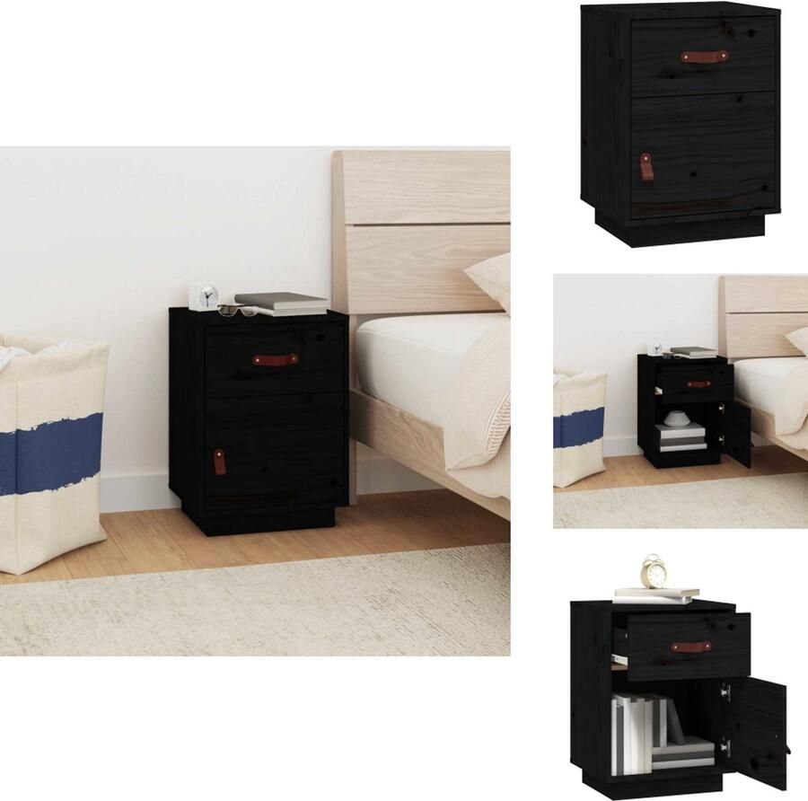 The Living Store Nachtkastje Grenenhout Zwart 40 x 34 x 55 cm Handige opbergruimte Nachtkastje Nachtkast Sidetable Salontafel Grenoble Hout