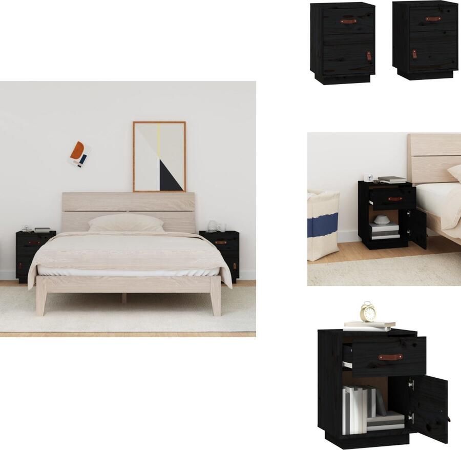 VidaXL Nachtkastje Nachtkastjes Houten Nachtkastje Telefoonkast Nachtkastjes 2 st 40x34x55 cm massief grenenhout zwart