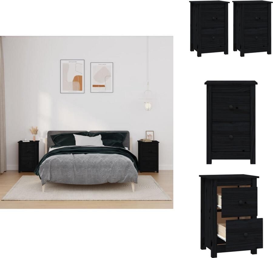 VidaXL Nachtkastje Nachtkastjes Houten Nachtkastje Telefoonkast Nachtkastjes 2 st 40x35x61 5 cm massief grenenhout zwart - Foto 3