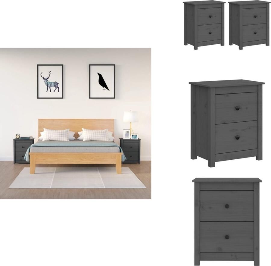 VidaXL Nachtkastje Nachtkastjes Houten Nachtkastje Telefoonkast Nachtkastjes 2 st 50x35x61 5 cm massief grenenhout grijs