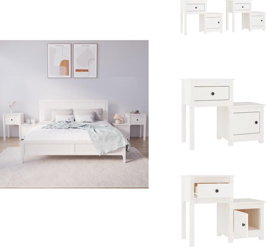 VidaXL Nachtkastje Nachtkastjes Houten Nachtkastje Telefoonkast Nachtkastjes 2 st 79-5x38x65-5 cm massief grenenhout wit - Foto 2