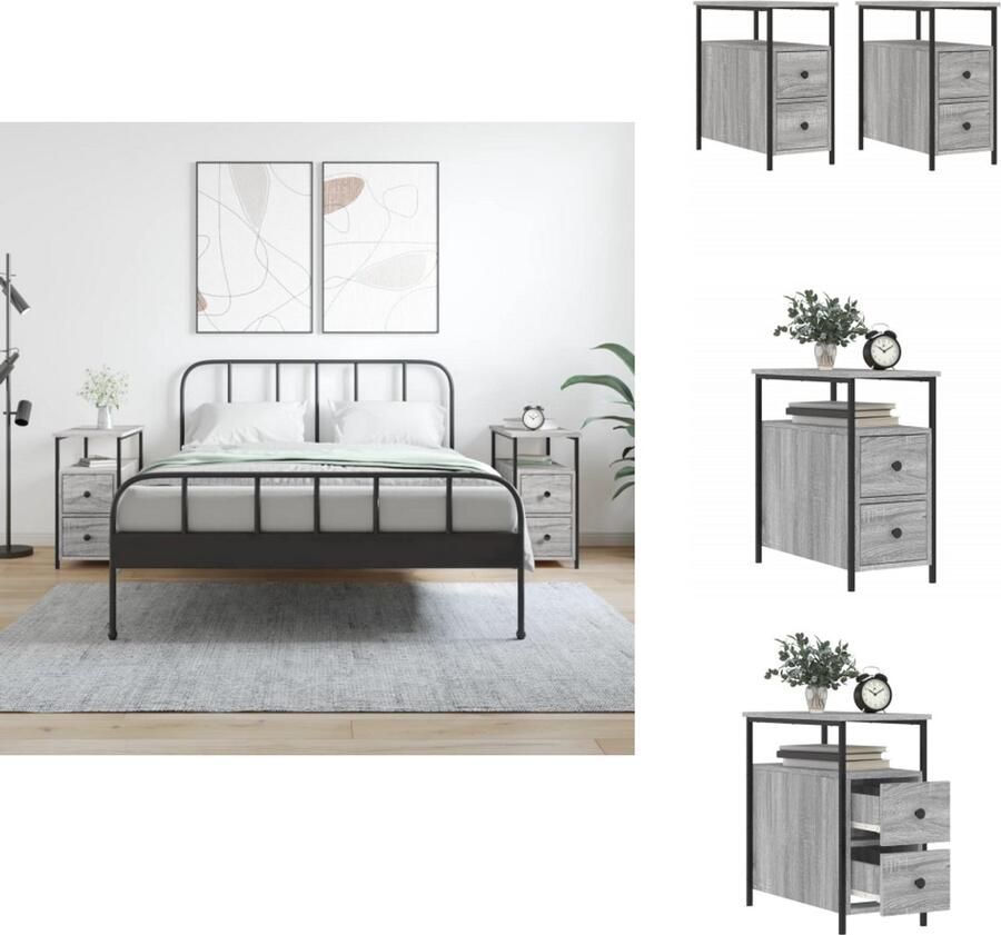 VidaXL Nachtkastje Nachtkastjes Kast Slaapkamermeubel Nachtkastjes 2 st 30x60x60 cm bewerkt hout grijs sonoma eiken