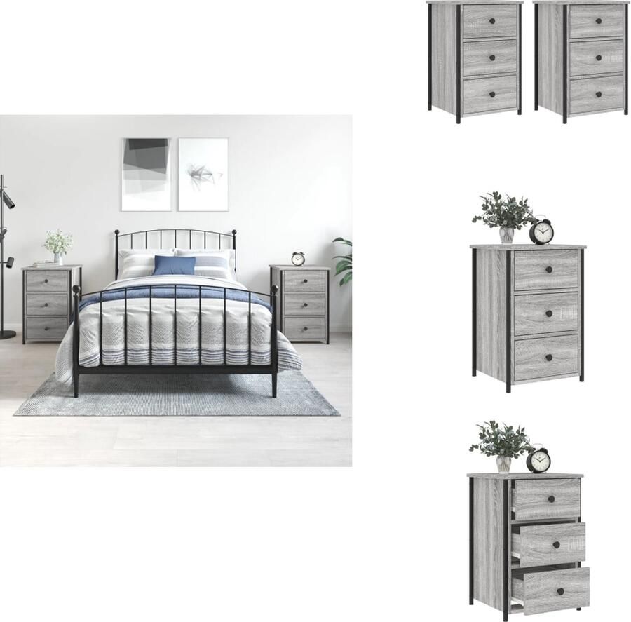 VidaXL Nachtkastje Nachtkastjes Kast Slaapkamermeubel Nachtkastjes 2 st 40x36x60 cm bewerkt hout grijs sonoma eiken - Foto 2
