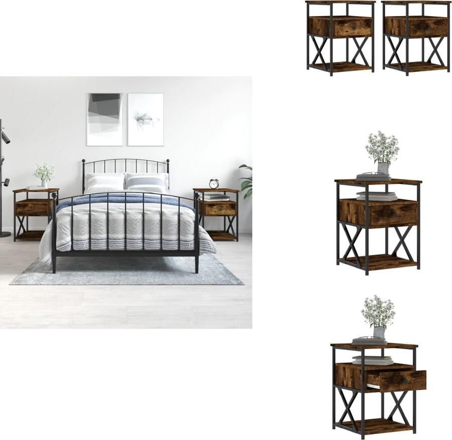 VidaXL Nachtkastje Nachtkastjes Kast Slaapkamermeubel Nachtkastjes 2 st 40x42x55 cm bewerkt hout gerookt eikenkleurig