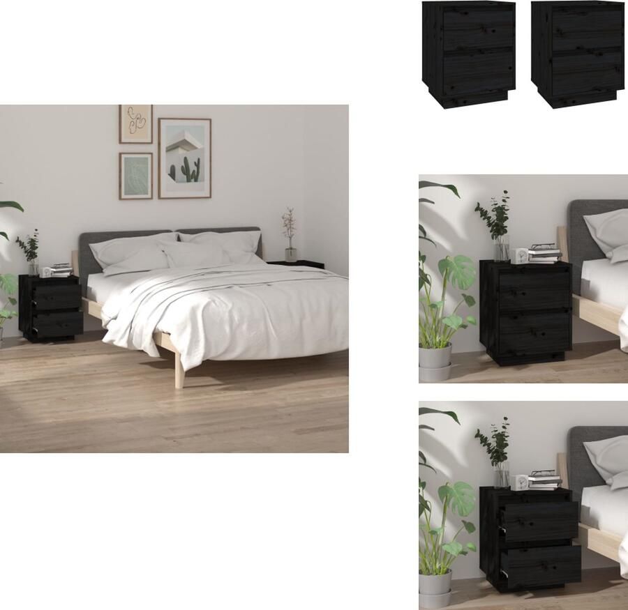 VidaXL Nachtkastje Nachtkastjes Kastje Bedkastje Nachtkastjes 2 st 40x35x50 cm massief grenenhout zwart