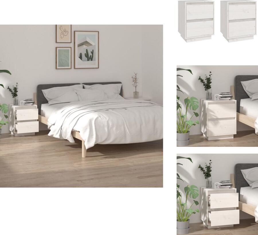 VidaXL Nachtkastje Nachtkastjes Kastje Bedkastje Nachtkastjes 2 st 40x35x50 cm massief grenenhout wit - Foto 2