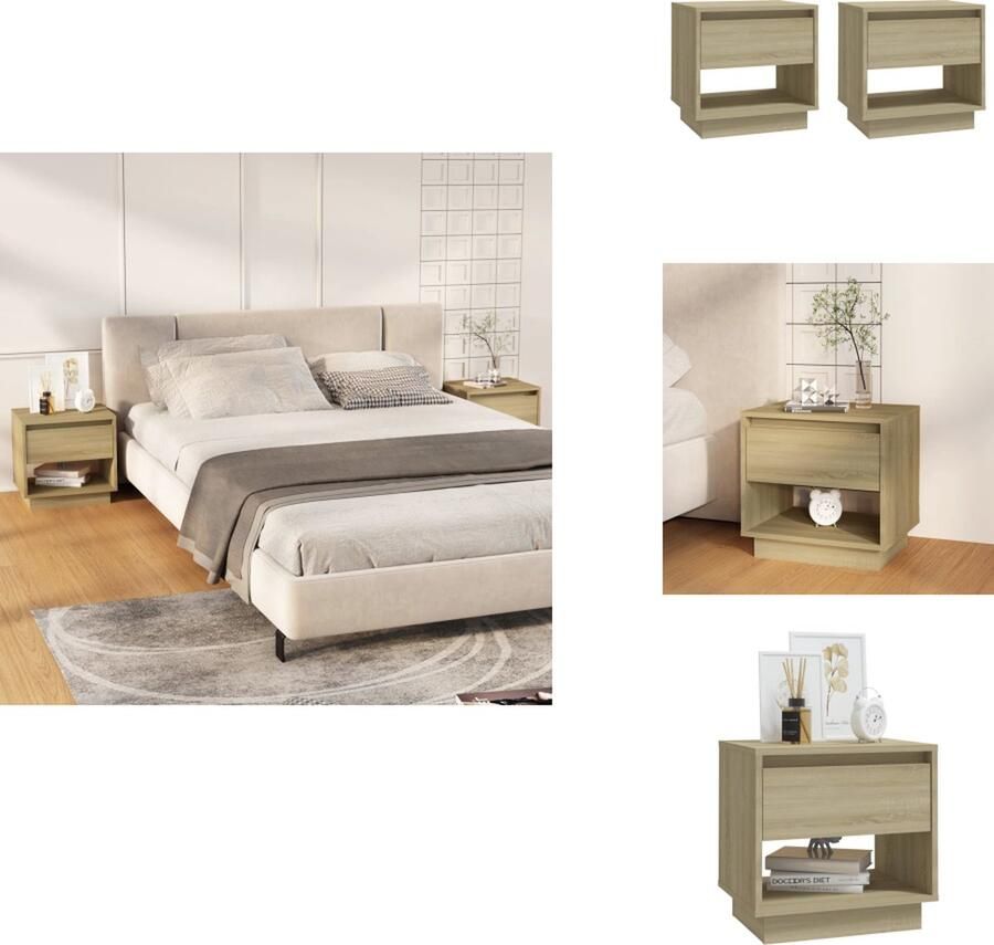 VidaXL Nachtkastje Nachtkastjes Kastje Bedkastje Nachtkastjes 2 st 45x34x44 cm bewerkt hout sonoma eikenkleurig