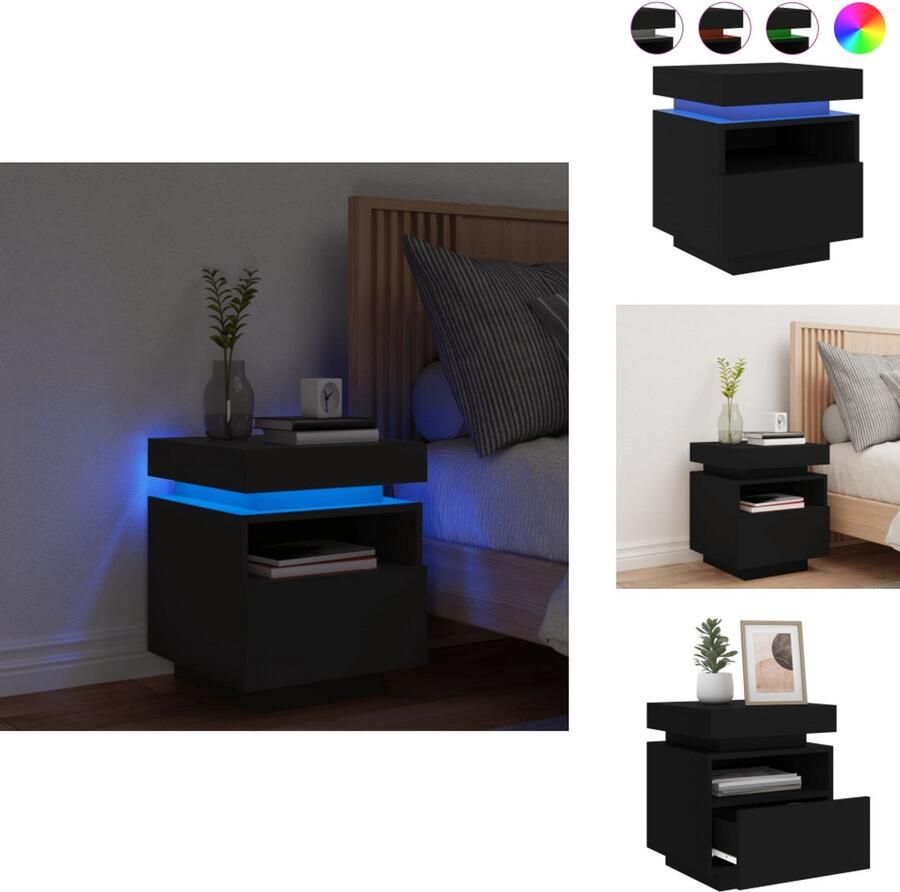 The Living Store Nachtkastje met LED-verlichting 40x39x48 5 cm zwart Nachtkastje Led Verlichting Slaapkamermeubel Houten Meubilair Black Furniture