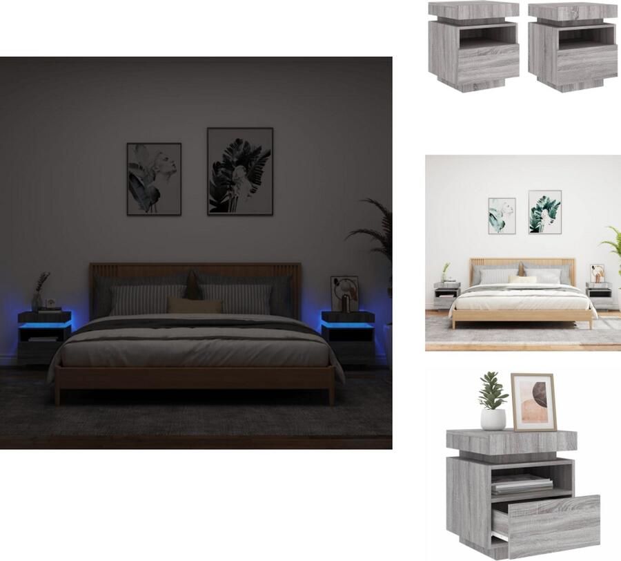 VidaXL Nachtkastje Nachtkastjes Nachtkastje Met LED Nachtkastje Met LED-verlichting Nachtkastjes met LED 2 st 40x39x48 5 cm grijs sonoma