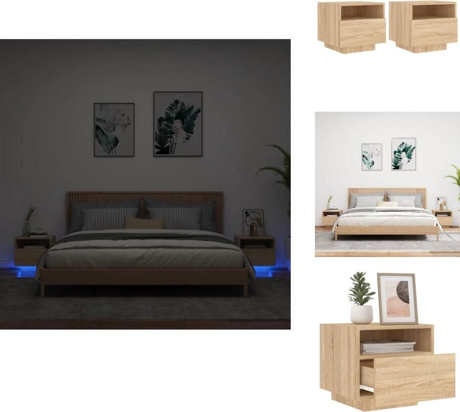 VidaXL Nachtkastje Nachtkastjes Nachtkastje Met LED Nachtkastje Met LED-verlichting Nachtkastjes met LED-verlichting 2 st 40x39x37 cm sonoma eiken
