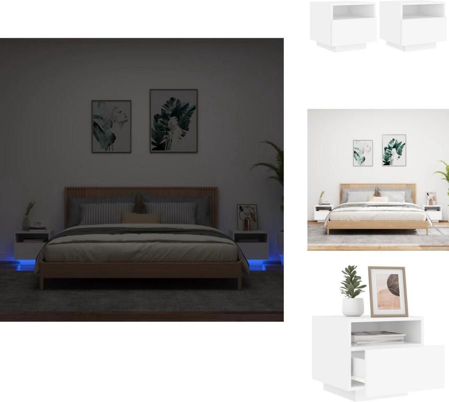 The Living Store Nachtkastjes met LED-verlichting 2 st 40x39x37 cm wit Nachtkastje Nachtkastjes Nachtkastje Met LED Nachtkastje Met LED-verlichting - Foto 3