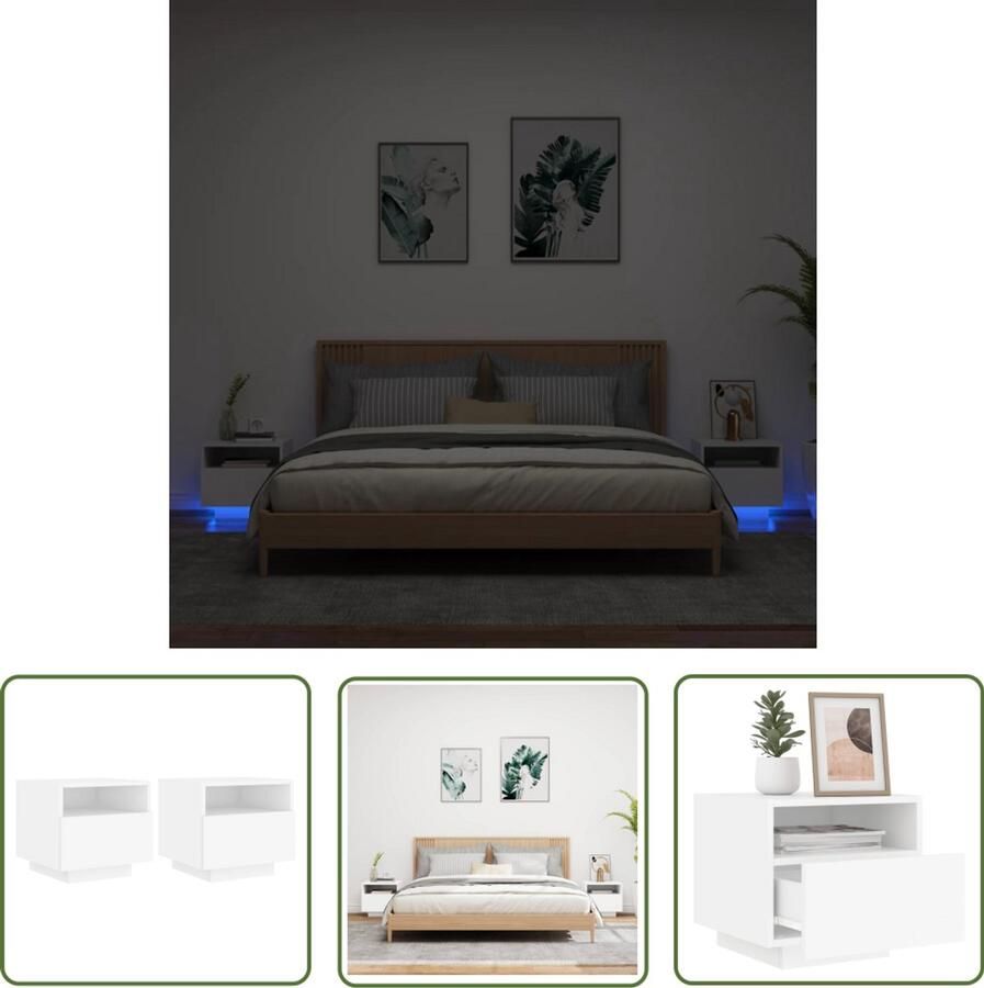 The Living Store Nachtkastjes met LED-verlichting 2 st 40x39x37 cm wit Nachtkastje Nachtkastjes Nachtkastje Met LED Nachtkastje Met LED-verlichting - Foto 2