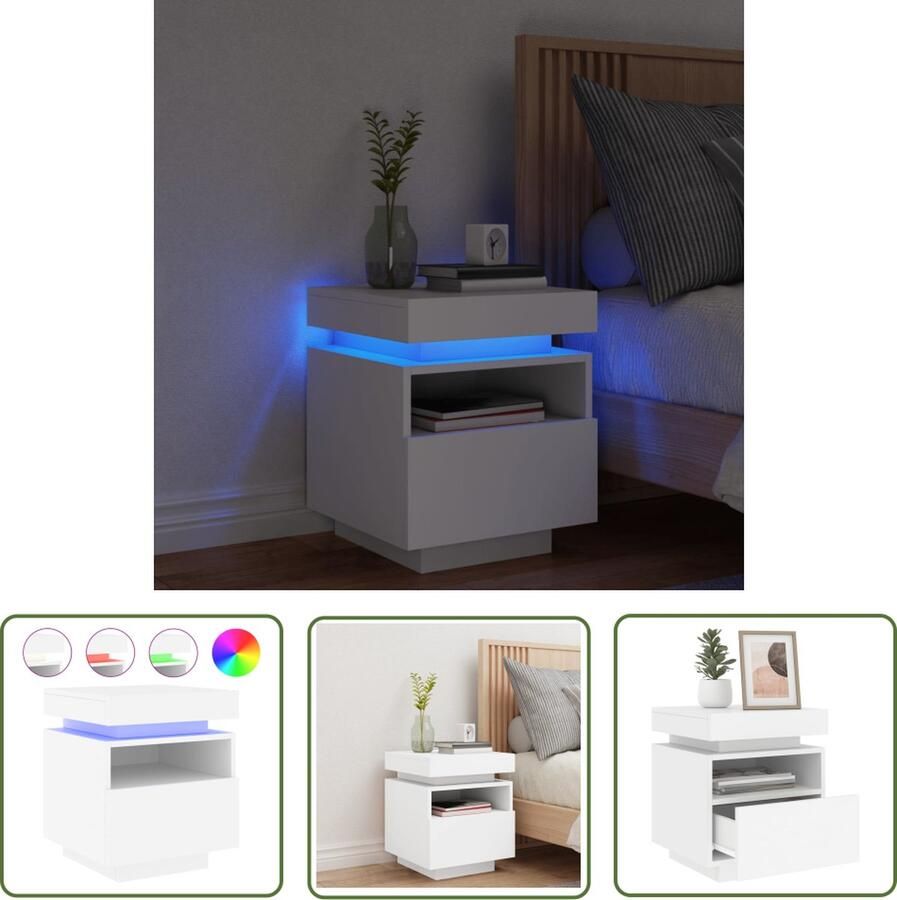 The Living Store Nachtkastje LED Verlichting Wit 40 x 39 x 48.5 cm USB-Aansluiting Bewerkt Hout Nachtkastje Led Lamp Houten Kast Slaapkamersfeer Bijzettafel - Foto 4