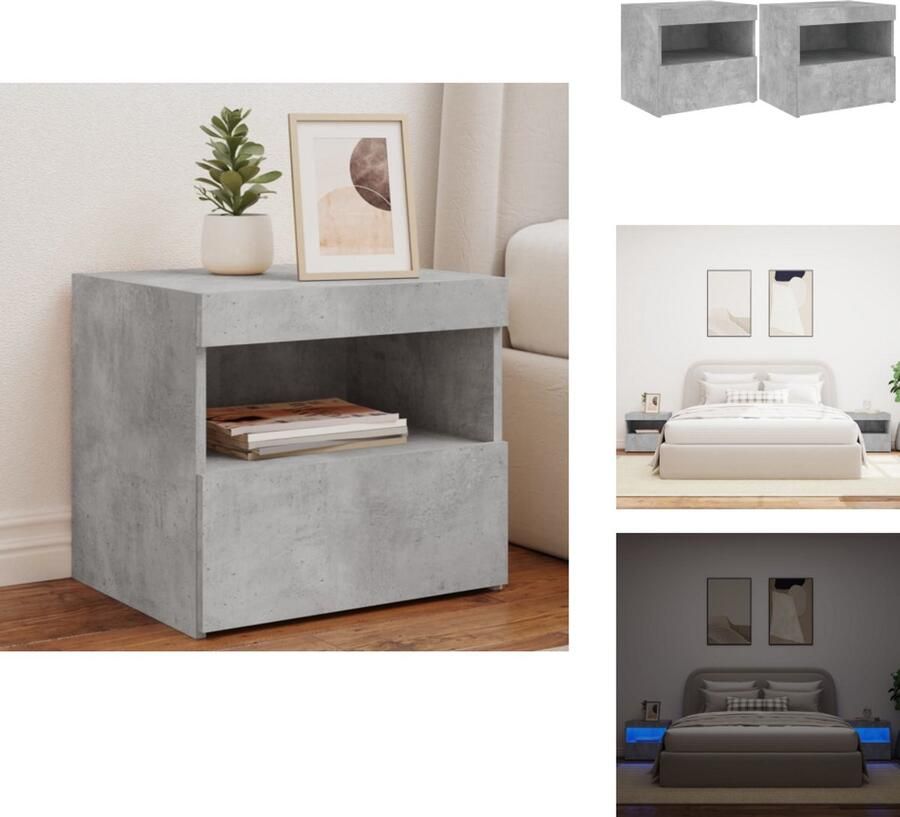 VidaXL Nachtkastje Nachtkastjes Nachtkastje Nachtkastjes met LED-verlichting 2 st 50x40x45 cm betongrijs