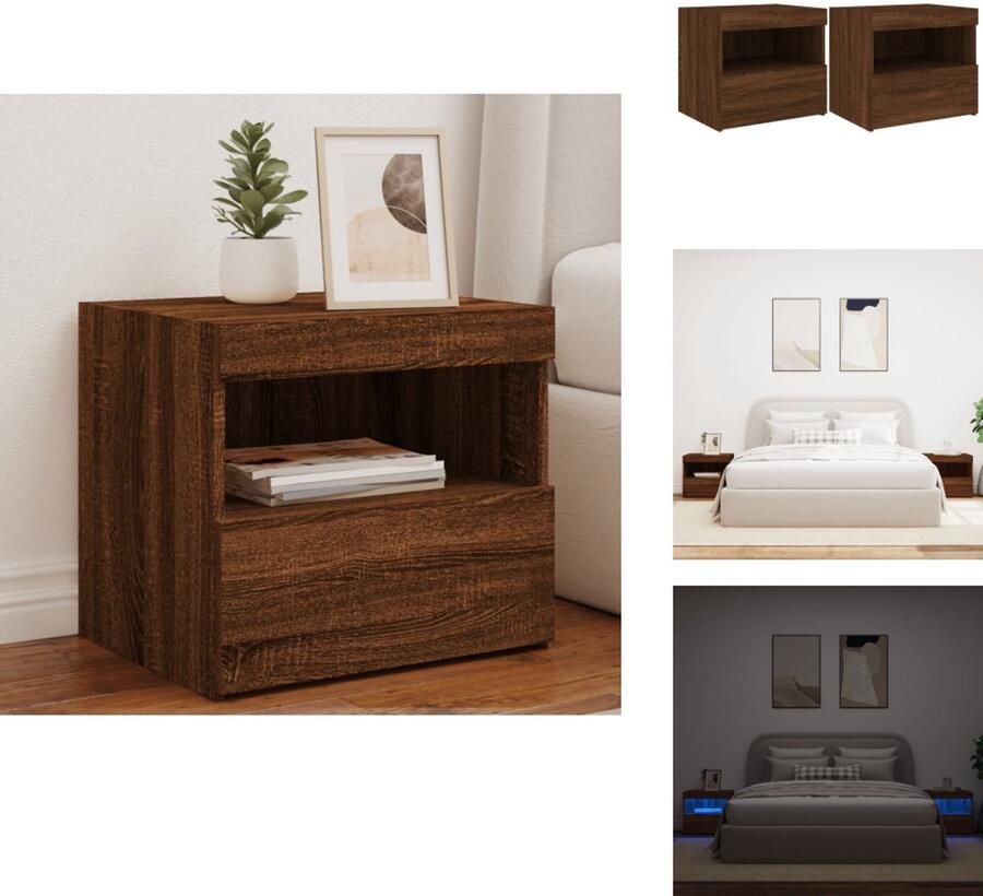 VidaXL Nachtkastje Nachtkastjes Nachtkastje Nachtkastjes met LED-verlichting 2 st 50x40x45 cm bruineiken