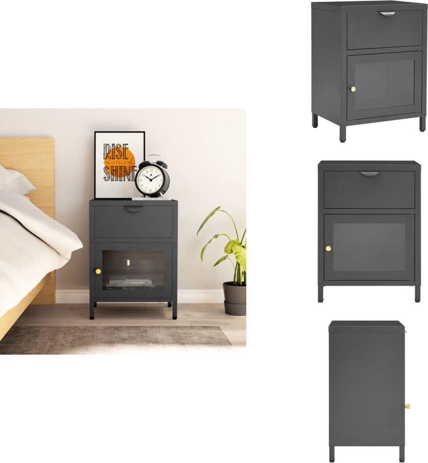 VidaXL Nachtkastje Nachtkastjes Nachttafel Nachttafels Nachtkastje 40x30x54-5 cm staal en glas antracietkleurig - Foto 2