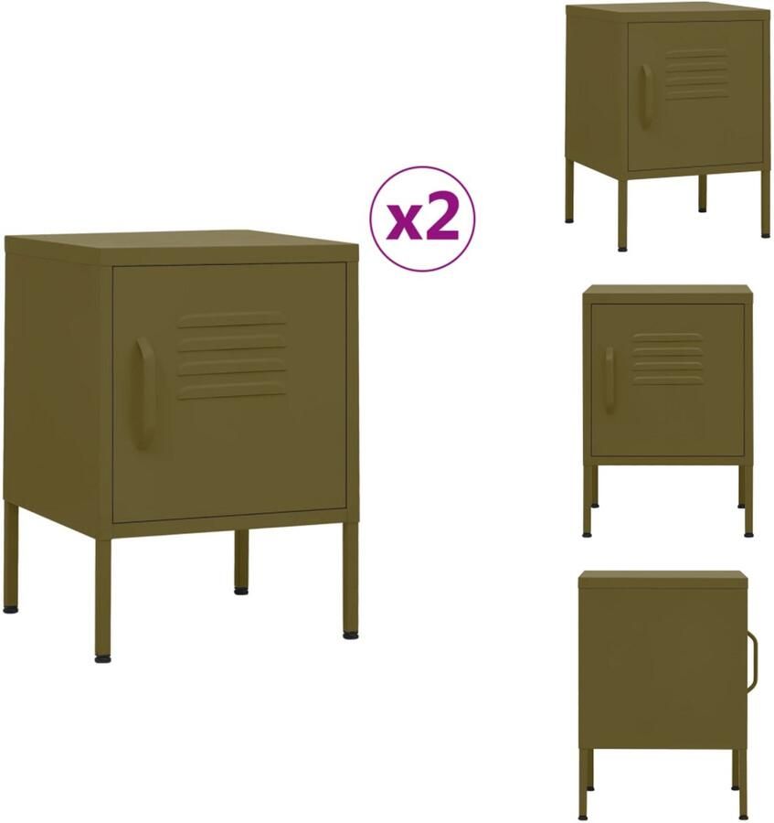 VidaXL Nachtkastje Nachtkastjes Nachttafel Nachttafels Nachtkastjes 2 st 35x35x51 cm staal olijfgroen
