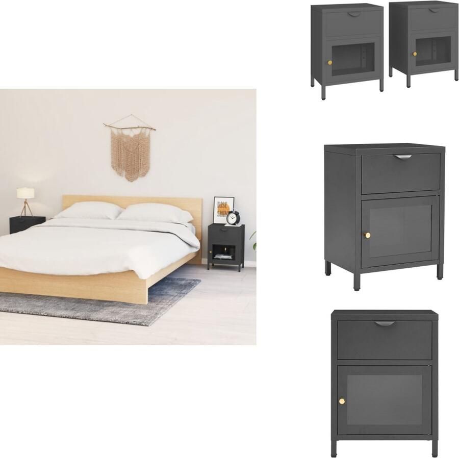 VidaXL Nachtkastje Nachtkastjes Nachttafel Nachttafels Nachtkastjes 2 st 40x30x54-5 cm staal en glas antracietkleurig