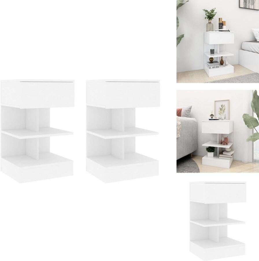 VidaXL Nachtkastje Nachtkastjes Nachttafel Nachttafels Nachtkastjes 2 st 40x35x65 cm bewerkt hout wit