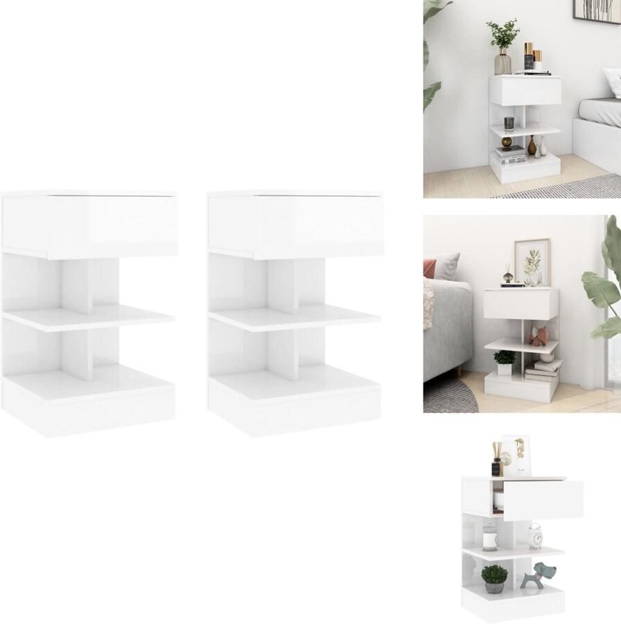 VidaXL Nachtkastje Nachtkastjes Nachttafel Nachttafels Nachtkastjes 2 st 40x35x65 cm spaanplaat hoogglans wit