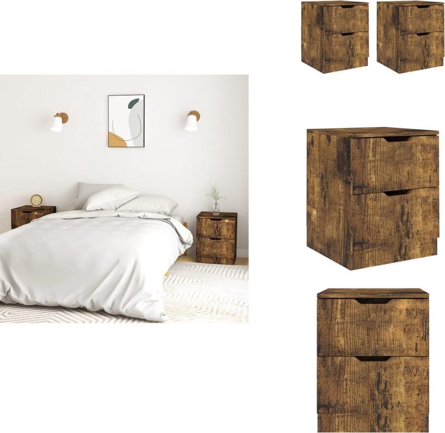 VidaXL Nachtkastje Nachtkastjes Nachttafel Nachttafels Nachtkastjes 2 st 40x40x50 cm bewerkt hout gerookt eikenkleurig
