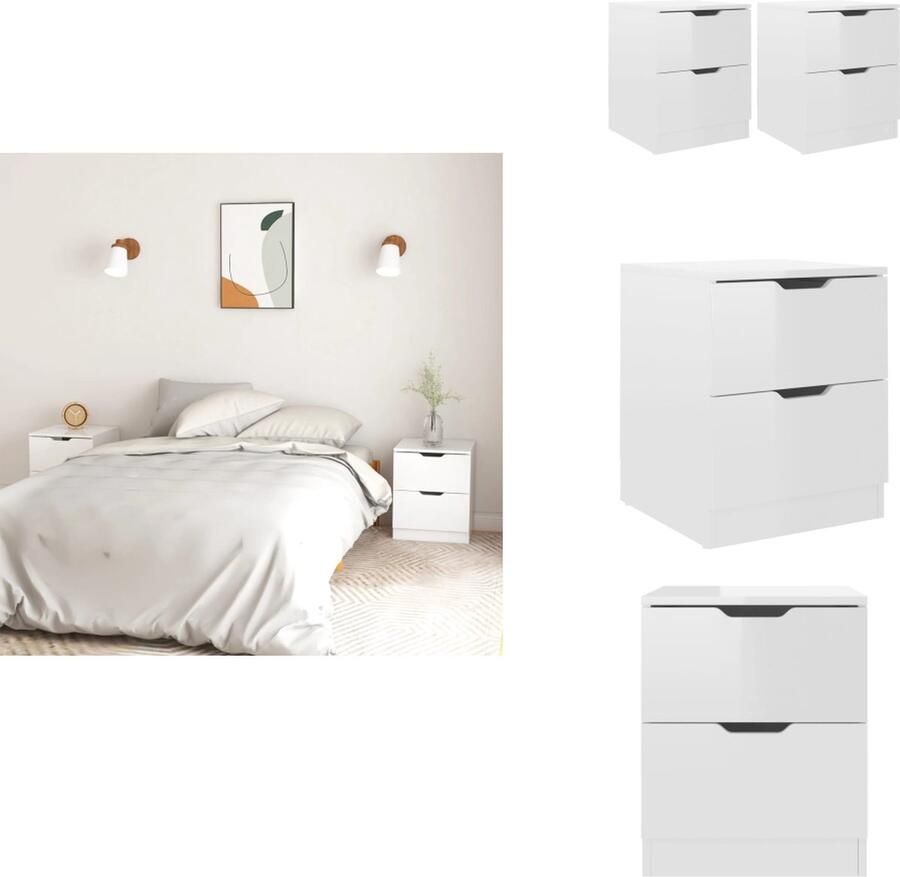 VidaXL Nachtkastje Nachtkastjes Nachttafel Nachttafels Nachtkastjes 2 st 40x40x50 cm bewerkt hout hoogglans wit