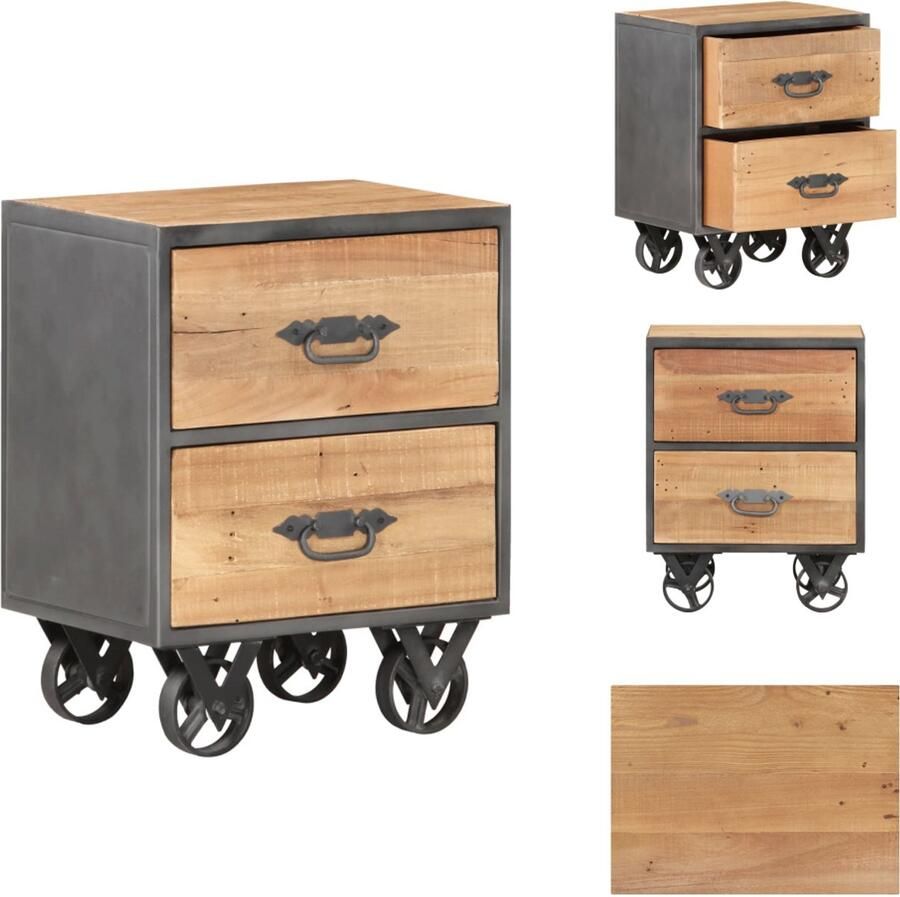 The Living Store Houten Nachtkastje IndustriÃle Stijl 40 x 30 x 51 cm Gerecycled Hout Stalen Frame 2 Lades Zwart Wieltjes Nachtkastje Industrieel Houten Nachtkastje Vintage Nachtkastje Herbruikbaar Hout
