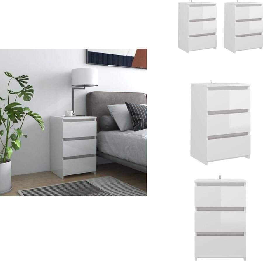 VidaXL Nachtkastje Nachtkastjes Slaapkamerkastje Slaapkamerkastjes Nachtkastjes 2 st 40x35x62 5 cm bewerkt hout hoogglans wit - Foto 2