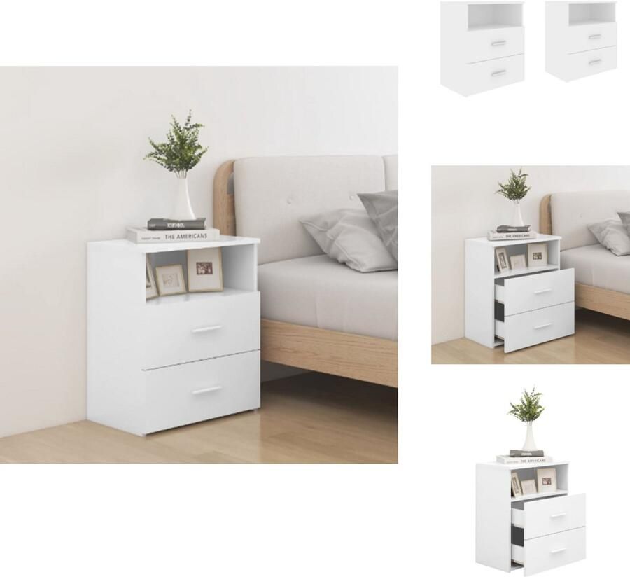 The Living Store Nachtkastje Wit 50 x 32 x 60 cm 2 lades en schap Bewerkt hout Nachtkastje Nachtlampje Slaapkamerinrichting Houten Meubel Wit Meubel