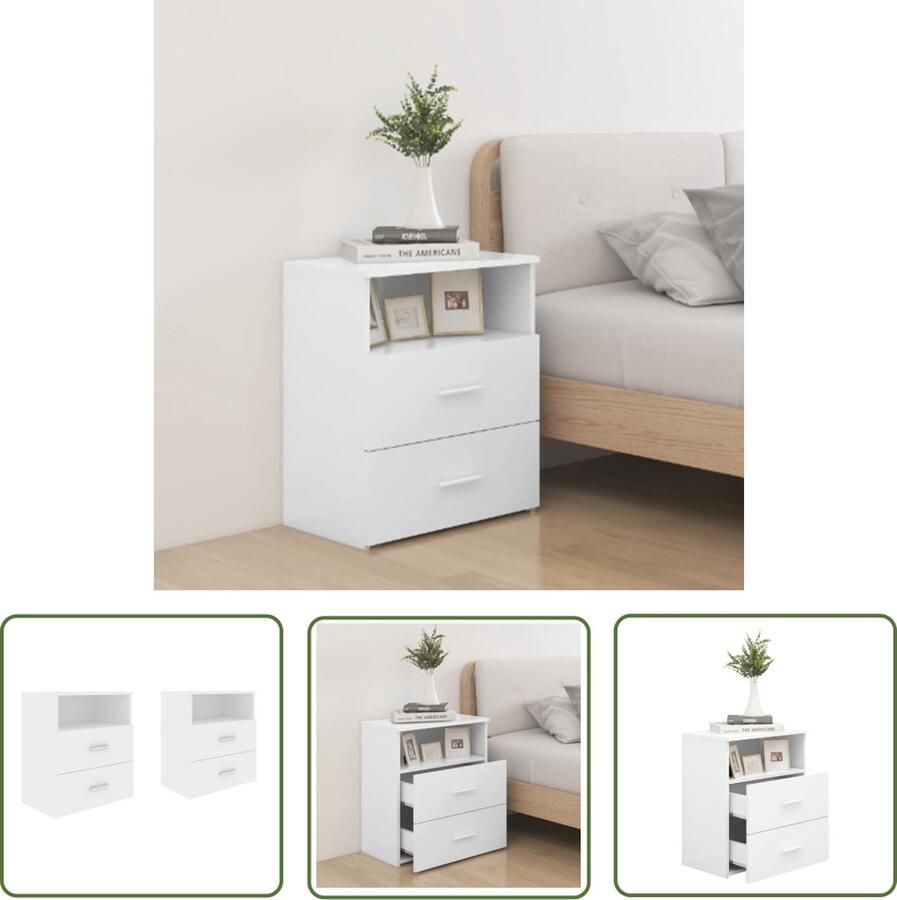 The Living Store Nachtkastje Wit 50 x 32 x 60 cm 2 lades en schap Bewerkt hout Nachtkastje Nachtlampje Slaapkamerinrichting Houten Meubel Wit Meubel - Foto 3