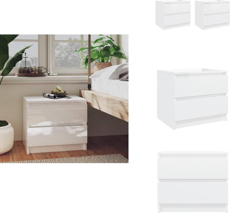 VidaXL Nachtkastje Nachtkastjes Slaapkamerkastje Slaapkamerkastjes Nachtkastjes 2 st 50x39x43 5 cm bewerkt hout hoogglans wit