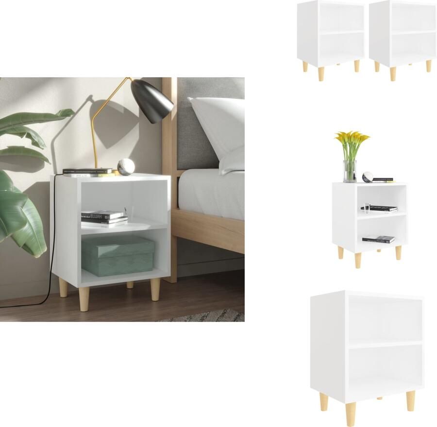VidaXL Nachtkastje Nachtkastjes Slaapkamerkastje Slaapkamerkastjes Nachtkastjes 2 st met massief houten poten 40x30x50 cm wit - Foto 2
