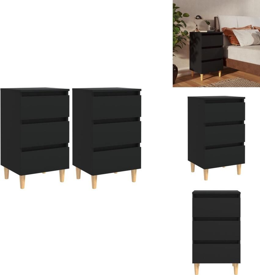 VidaXL Nachtkastje Nachtkastjes Slaapkamerkastje Slaapkamerkastjes Nachtkastjes 2 st met massief houten poten 40x35x69 cm zwart