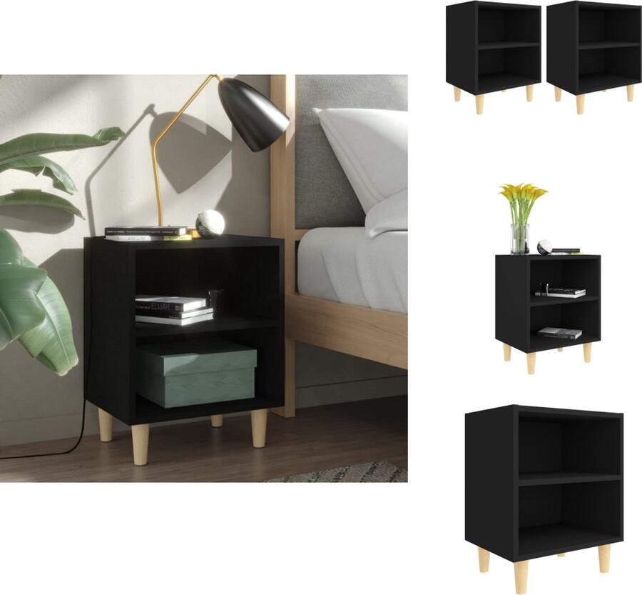 VidaXL Nachtkastje Nachtkastjes Slaapkamerkastje Slaapkamerkastjes Nachtkastjes 2 st met massief houten poten 40x30x50 cm zwart