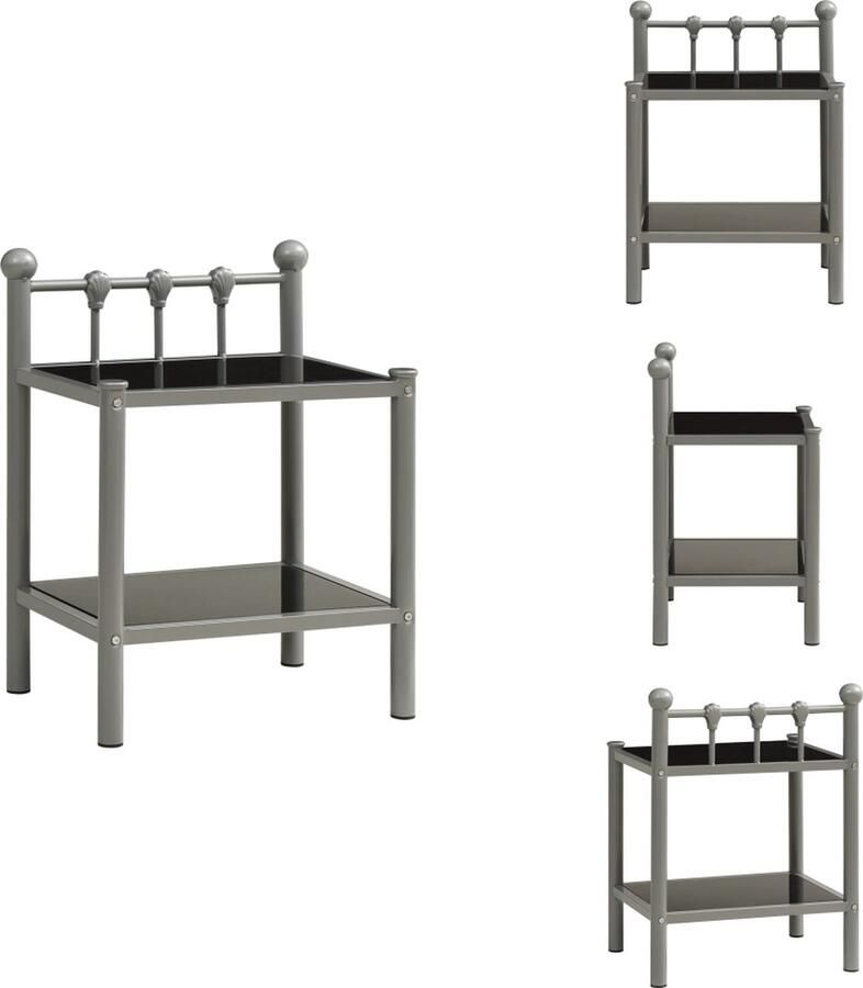 VidaXL Nachtkastje Nachtkastjes Telefoonkast Telefoonkasten Nachtkastje 45x34 5x60 5 cm metaal en glas grijs en zwart - Foto 2