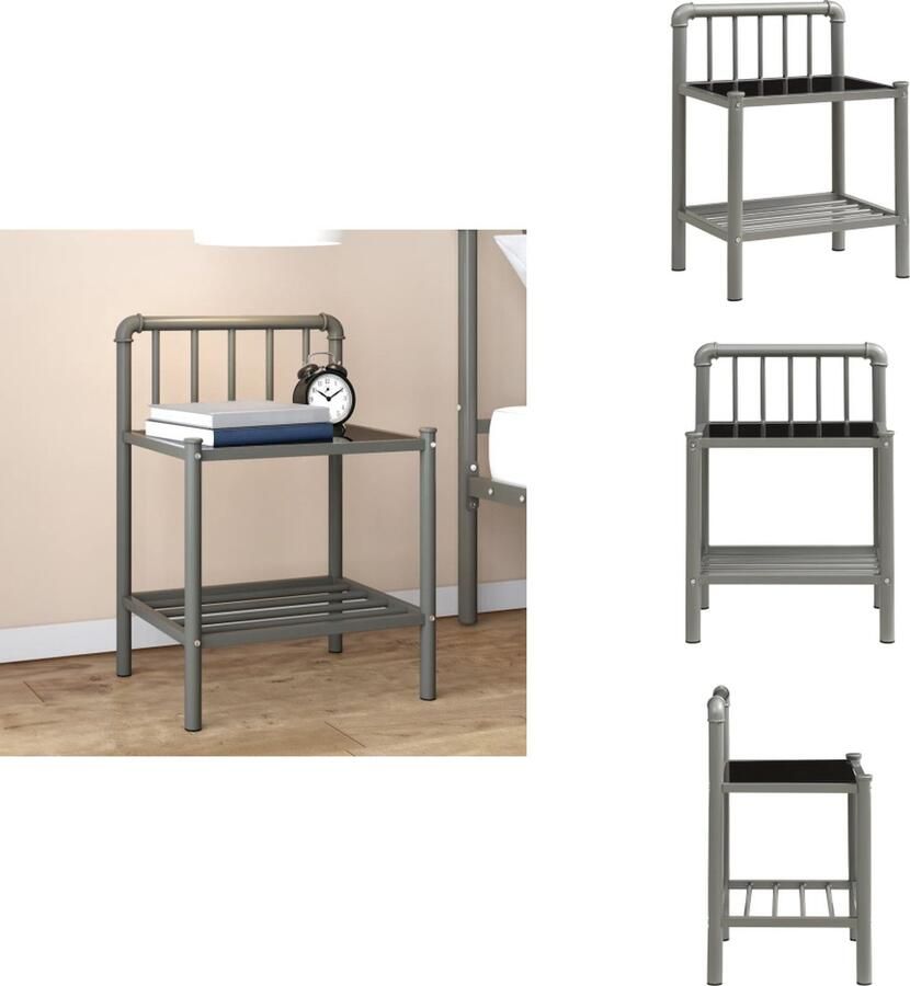 VidaXL Nachtkastje Nachtkastjes Telefoonkast Telefoonkasten Nachtkastje 45x34 5x62 5 cm metaal en glas grijs en zwart - Foto 2