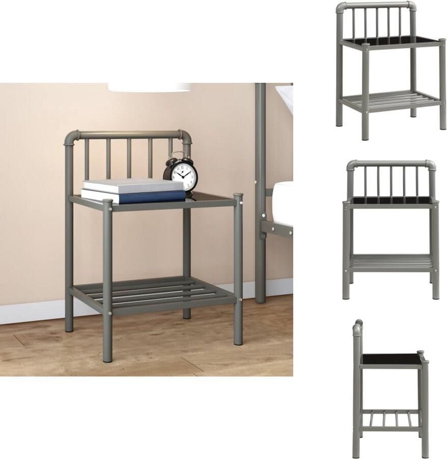 VidaXL Nachtkastje Nachtkastjes Telefoonkast Telefoonkasten Nachtkastje 45x34 5x62 5 cm metaal en glas grijs en zwart