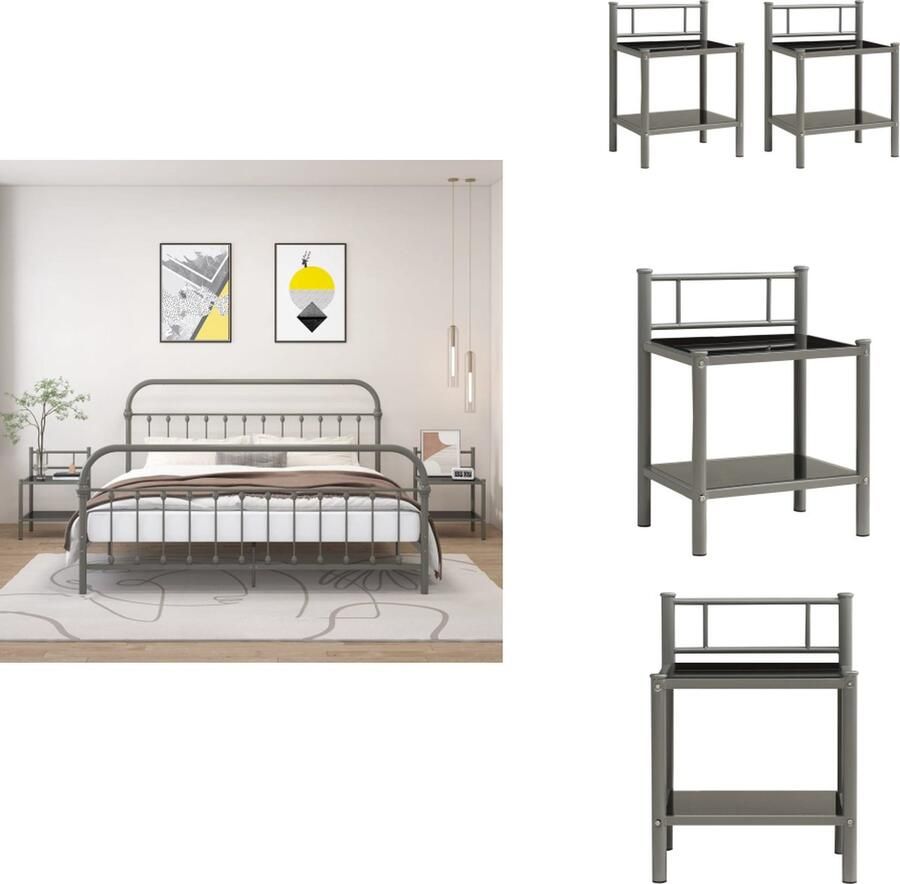 VidaXL Nachtkastje Nachtkastjes Telefoonkast Telefoonkasten Nachtkastjes 2 st metaal en glas grijs en zwart - Foto 3