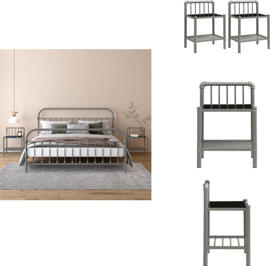 VidaXL Nachtkastje Nachtkastjes Telefoonkast Telefoonkasten Nachtkastjes 2 st metaal en glas grijs en zwart - Foto 2