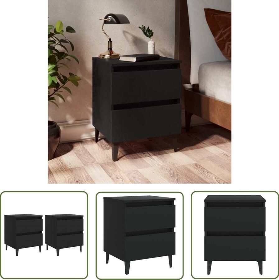 The Living Store nachtkastje zwart 40 x 35 x 50 cm met 4 metalen poten Nachtkasts Nachtkastje Meubilair Slaapkamerinrichting Black Furniture - Foto 2