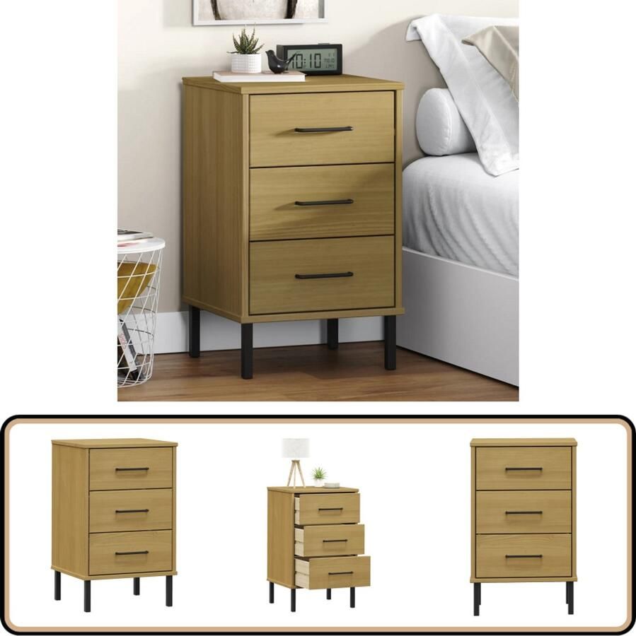 VidaXL Nachtkastje OSLO Grenenhout Metalen poten Nachtkastje Industrieel Design Houten Nachtkastje Grenenhouten Meubel Slaapkamerkast Opberglade Bijzettafel