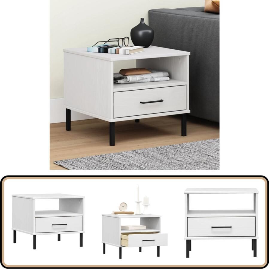 VidaXL Nachtkastje OSLO Massief Grenenhout Wit Nachtkastje Industrieel Houten Kast Grenenhouten Meubels Bijzettafel Slaapkamersdecoratie Slaapkamervloer