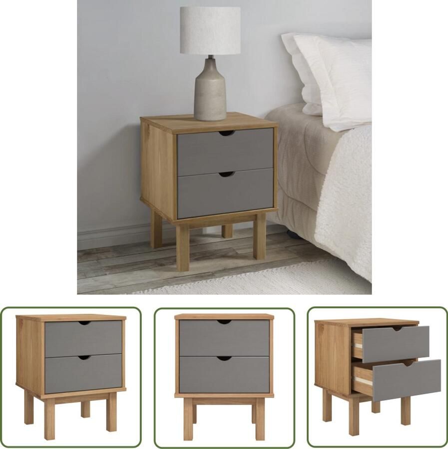 VidaXL Nachtkastje OTTA 45x39x57 cm Bruin en Grijs Nachtkastje Kastje Slaapkamerdecoratie Scandinavisch Design Houten Meubel Bruine Kleur Grijze Kleur Opbergruimte Twee Lades - Foto 2