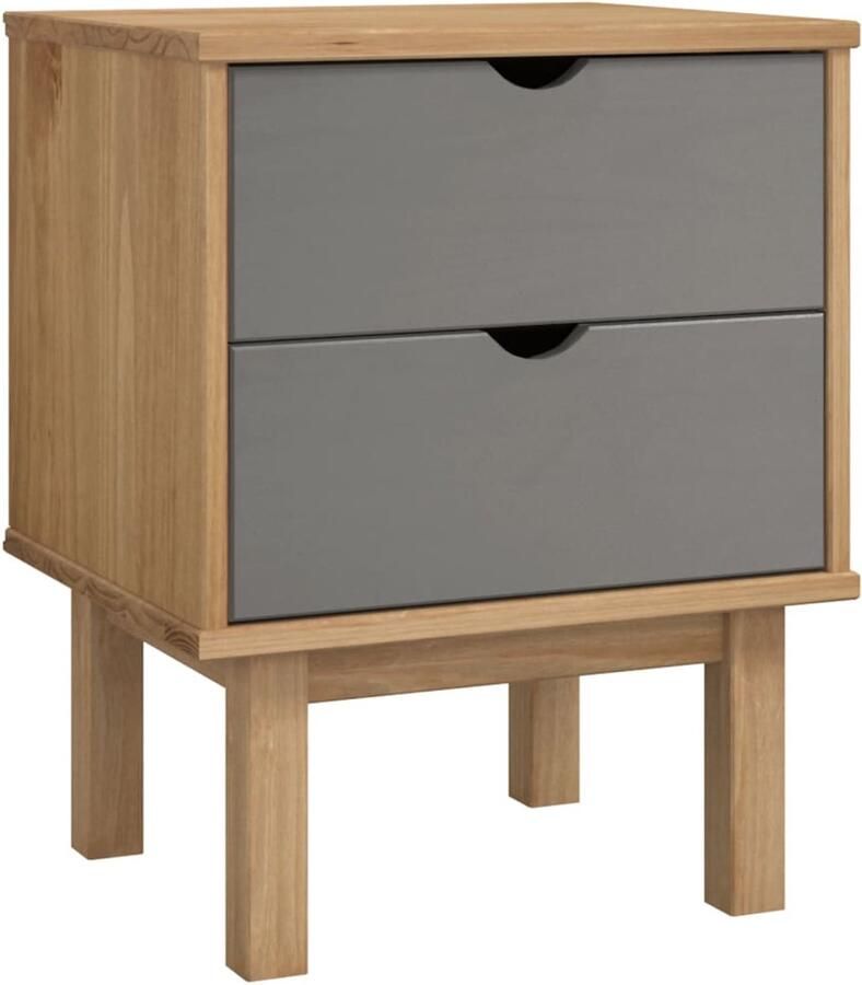VidaXL Nachtkastje OTTA 45x39x57 cm Bruin en Grijs Nachtkastje Kastje Slaapkamerdecoratie Scandinavisch Design Houten Meubel Bruine Kleur Grijze Kleur Opbergruimte Twee Lades