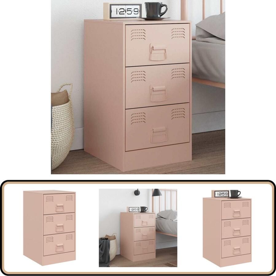 VidaXL Nachtkastje Roze met 3 Lades Stalen Design Nachtkastje Rozenkleurig Staal Opbergruimte Nachtlampje